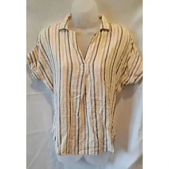 Thread & Supply Linen Retro Striped Shirt, size small, Mocha/beige/pastel orange - Picture 3 of 13